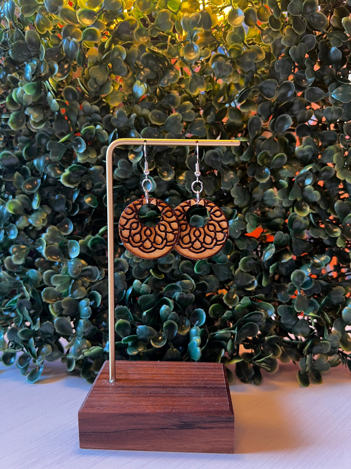Engraved Floral Hoop Wooden Earrings