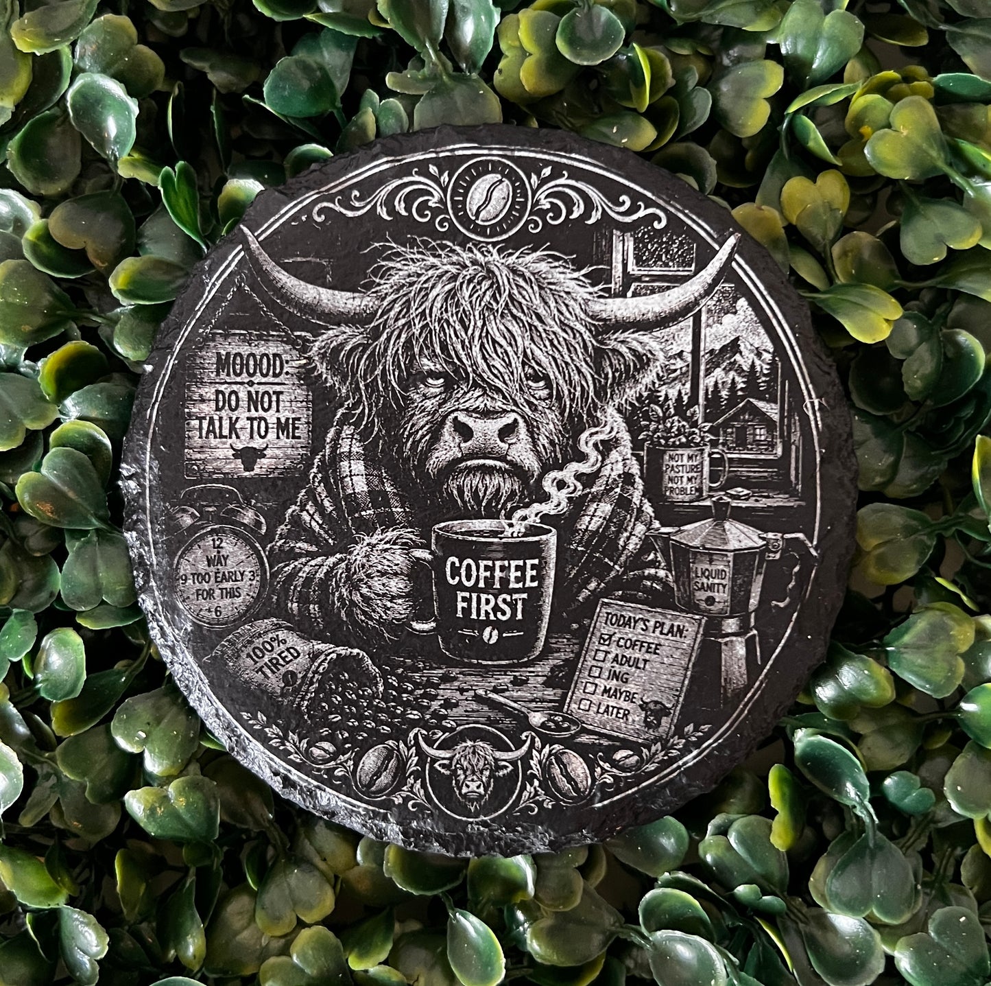 Grumpy Highland Cow Coffee Slate Coaster