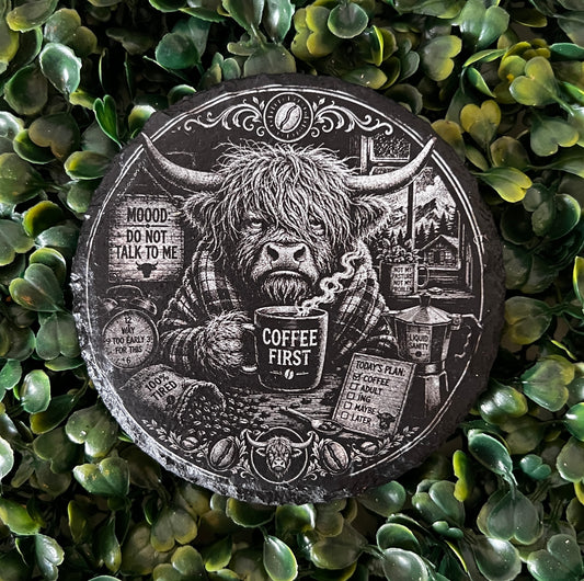 Grumpy Highland Cow Coffee Slate Coaster