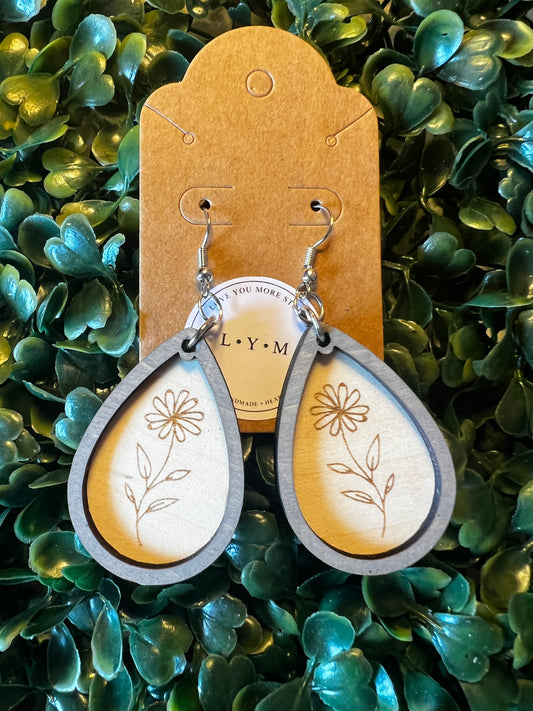 Engraved Daisy Teardrop Wooden Earrings