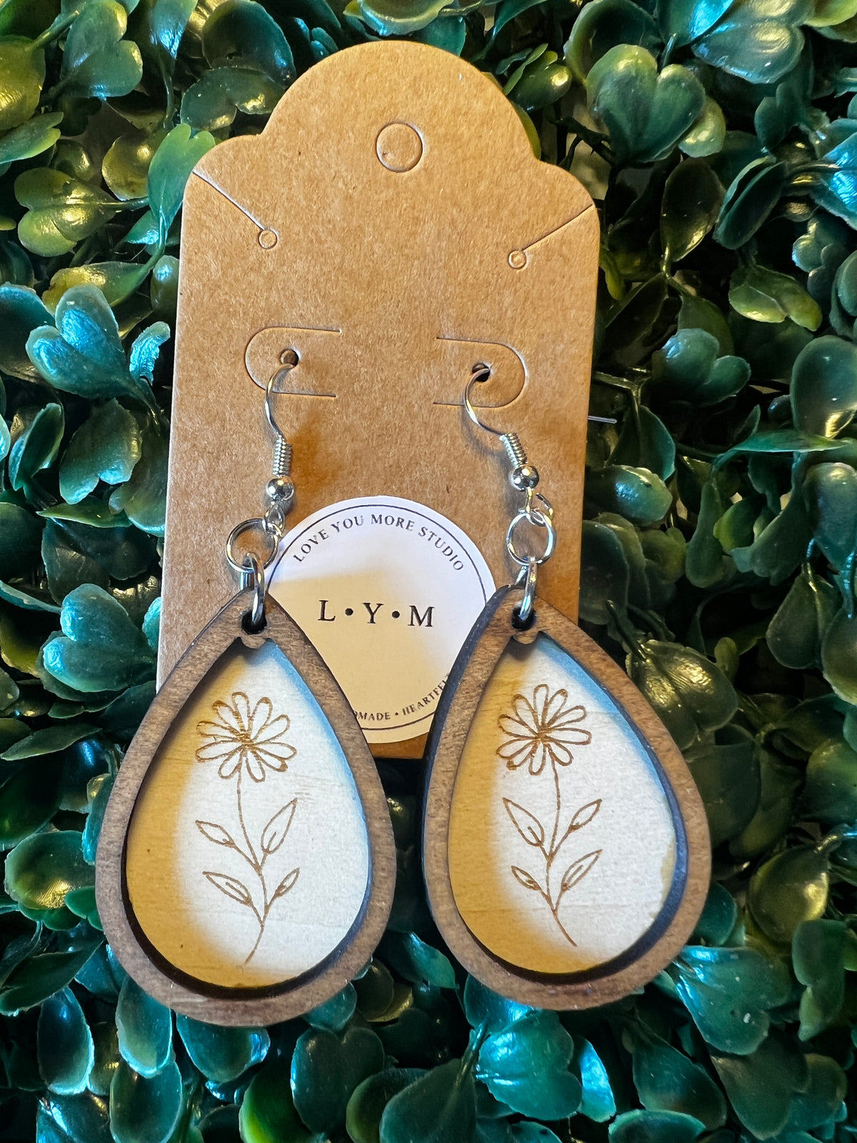 Engraved Daisy Teardrop Wooden Earrings