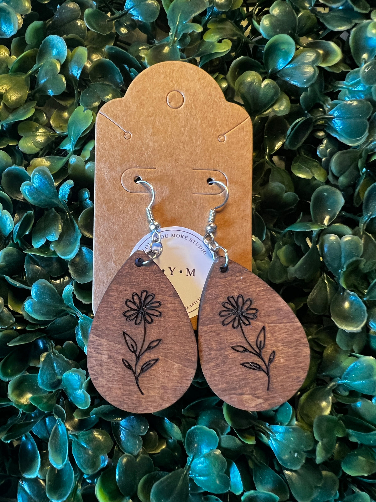 Engraved Daisy Wooden Teardrop Earrings