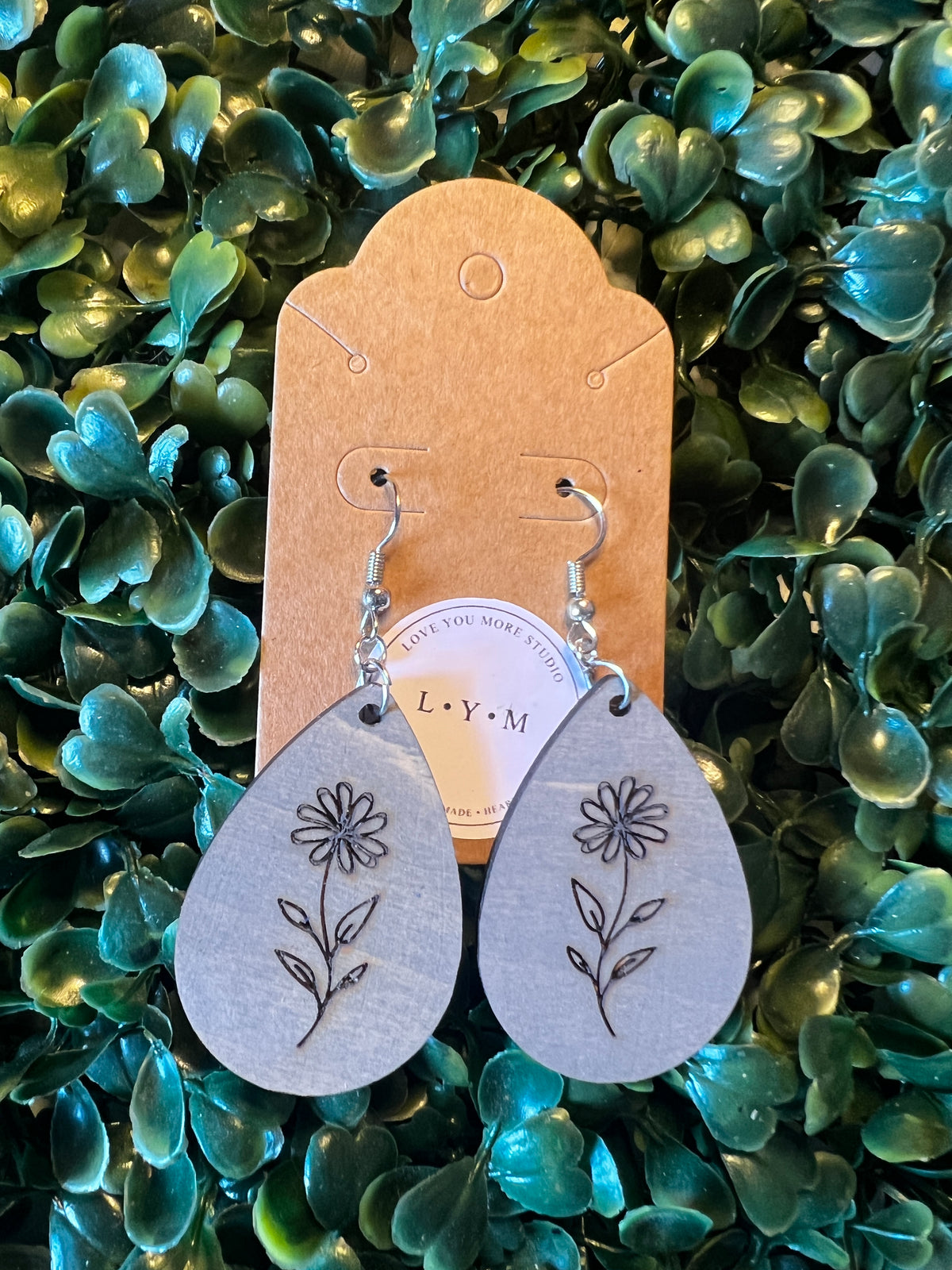 Engraved Daisy Wooden Teardrop Earrings
