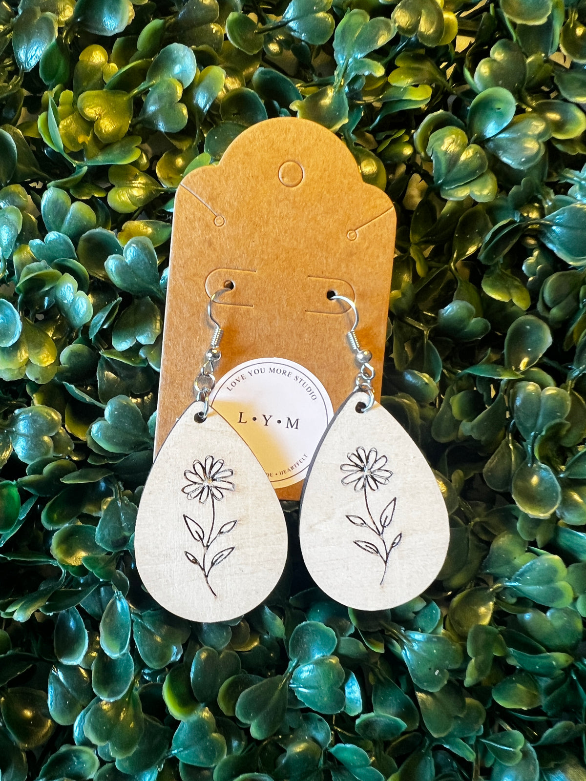 Engraved Daisy Wooden Teardrop Earrings