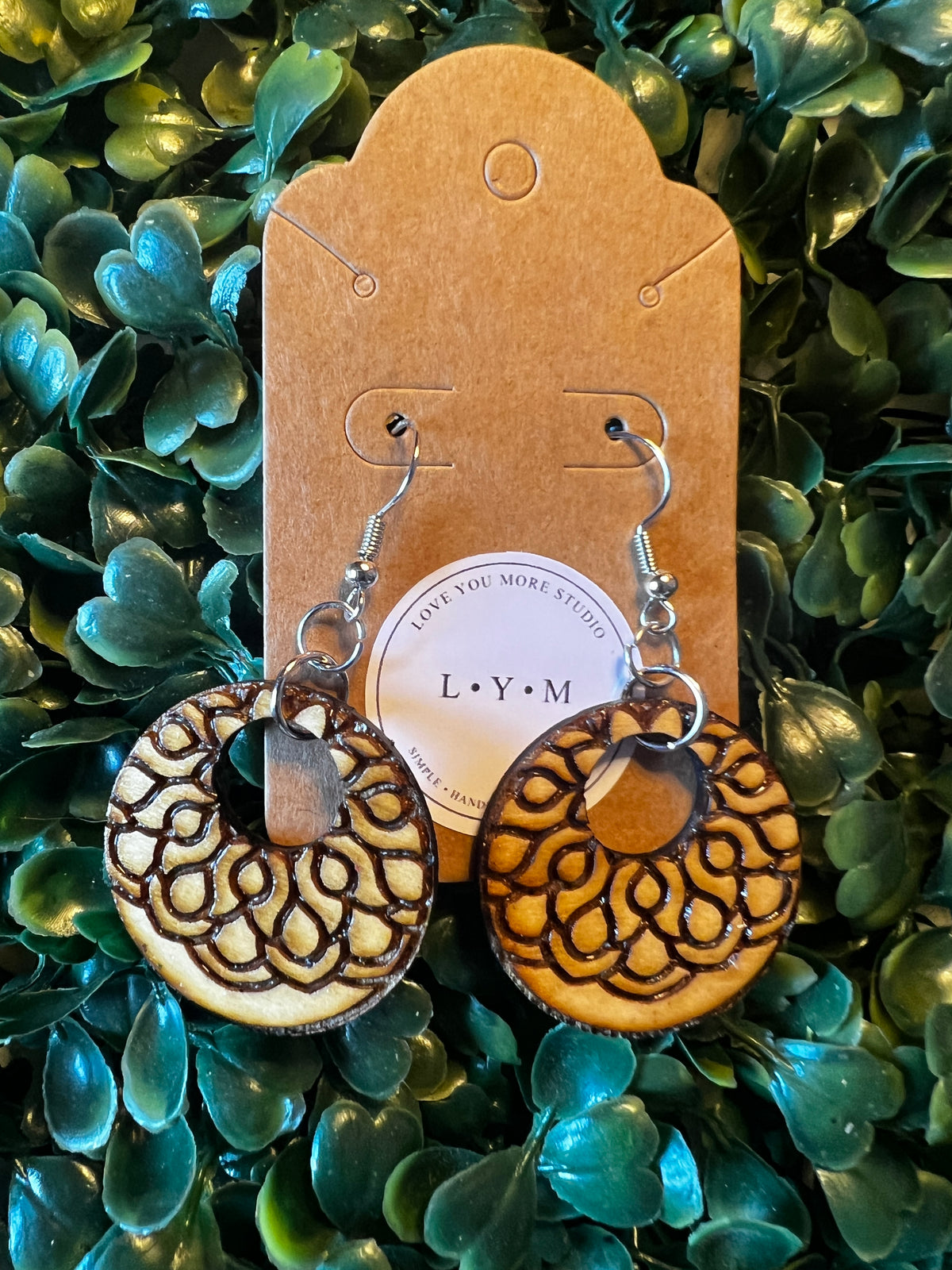 Engraved Floral Hoop Wooden Earrings