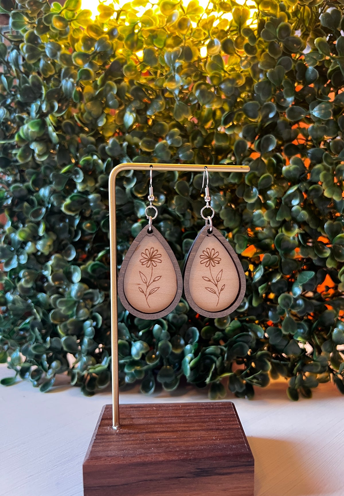 Engraved Daisy Teardrop Wooden Earrings