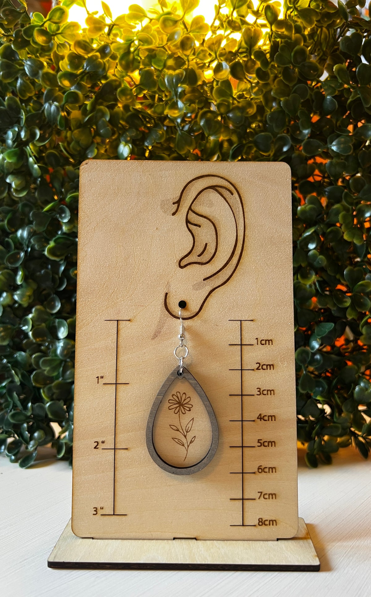 Engraved Daisy Teardrop Wooden Earrings