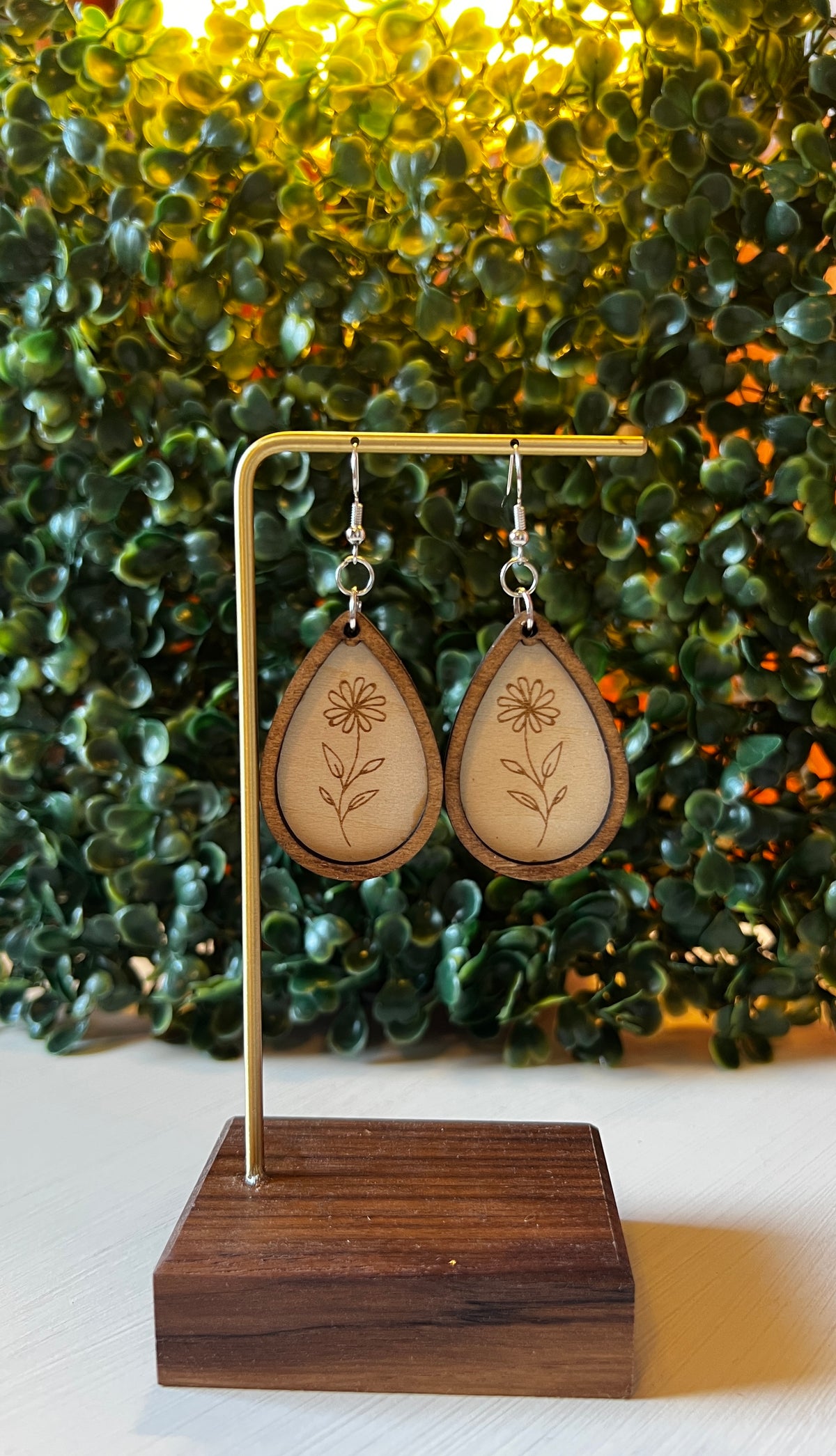 Engraved Daisy Teardrop Wooden Earrings