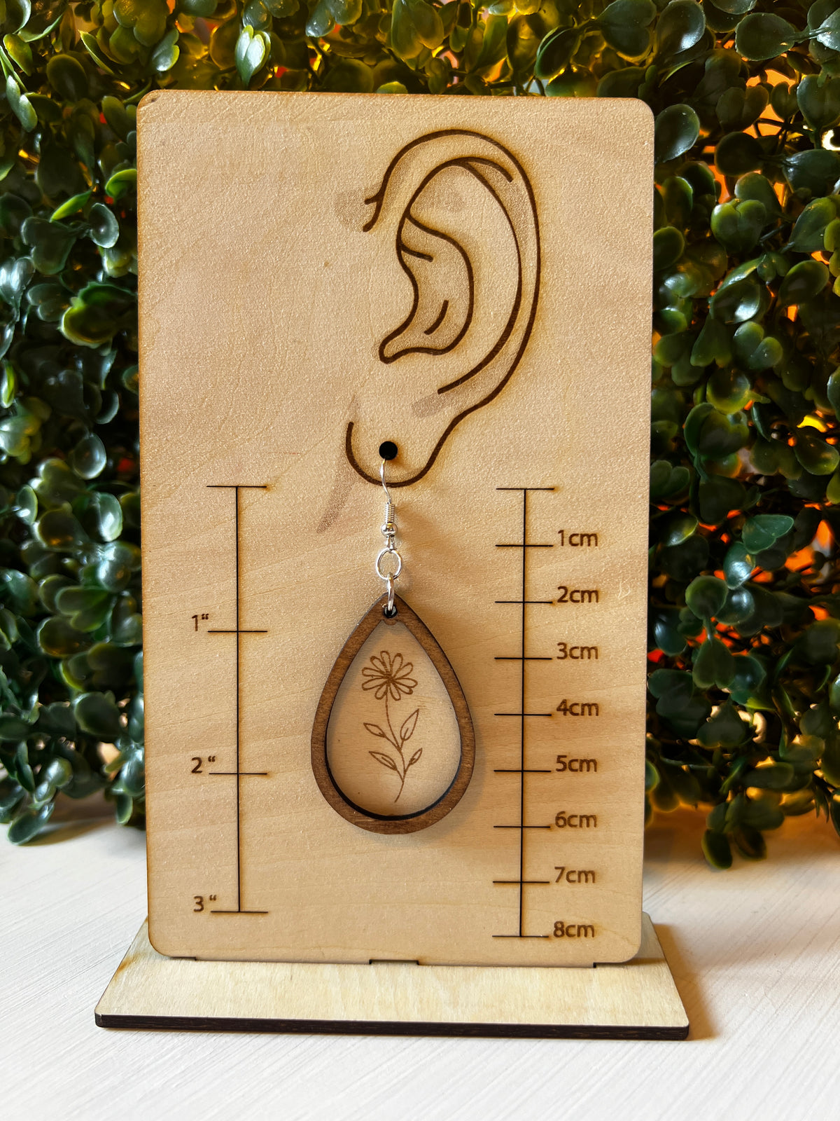 Engraved Daisy Teardrop Wooden Earrings