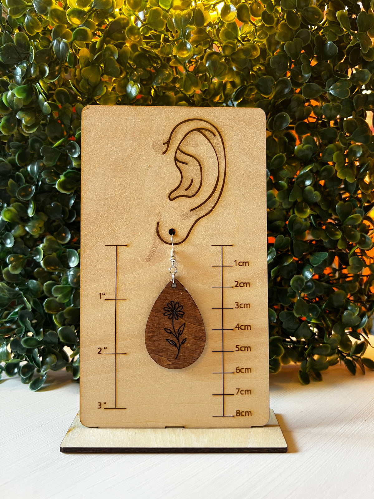 Engraved Daisy Wooden Teardrop Earrings