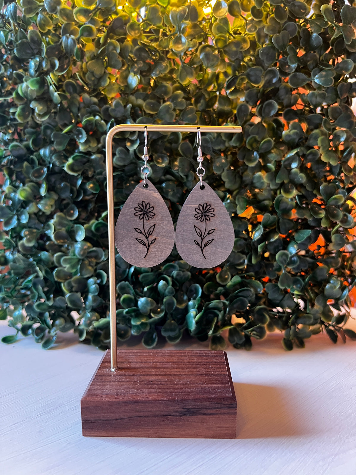 Engraved Daisy Wooden Teardrop Earrings