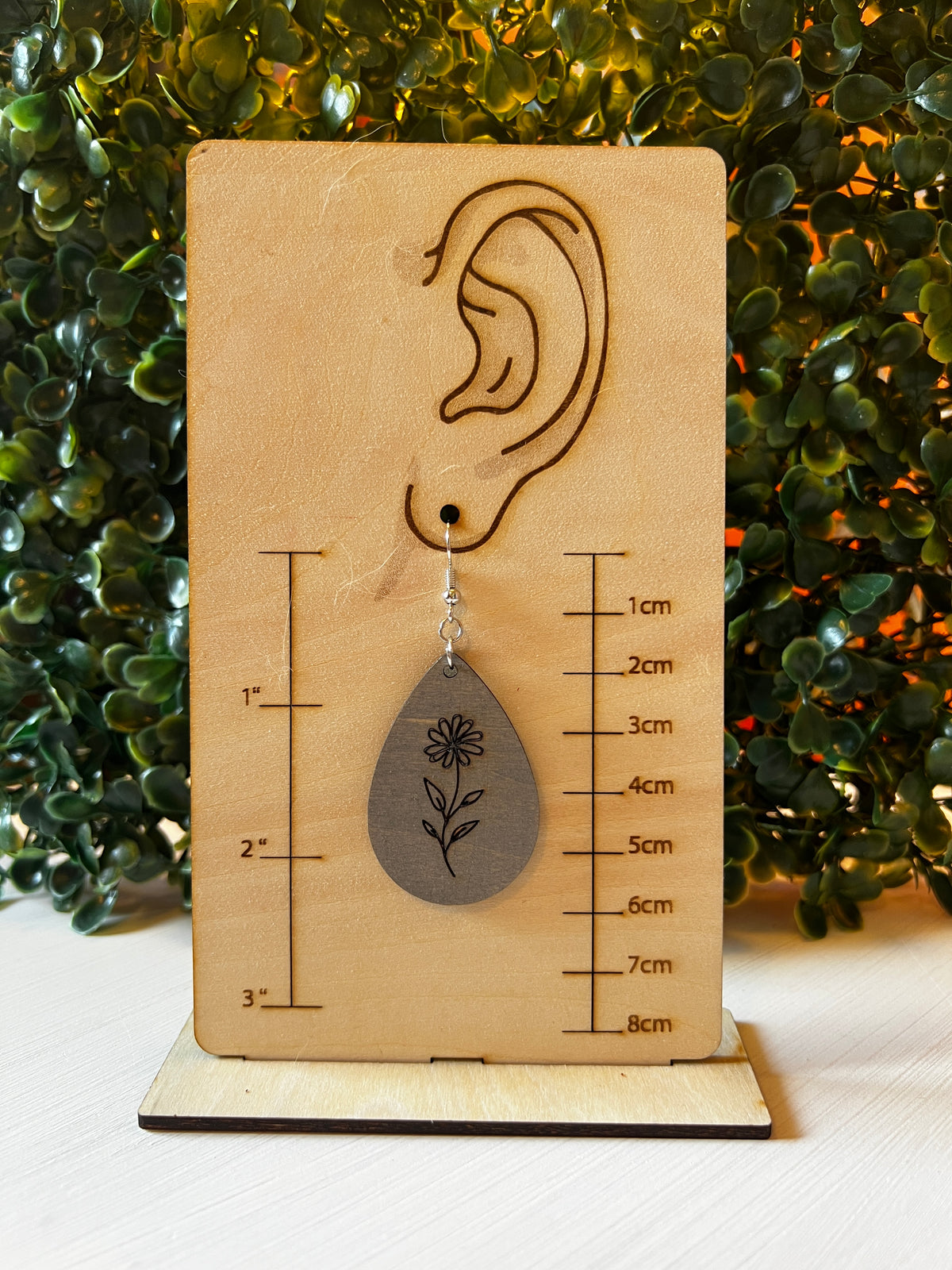 Engraved Daisy Wooden Teardrop Earrings