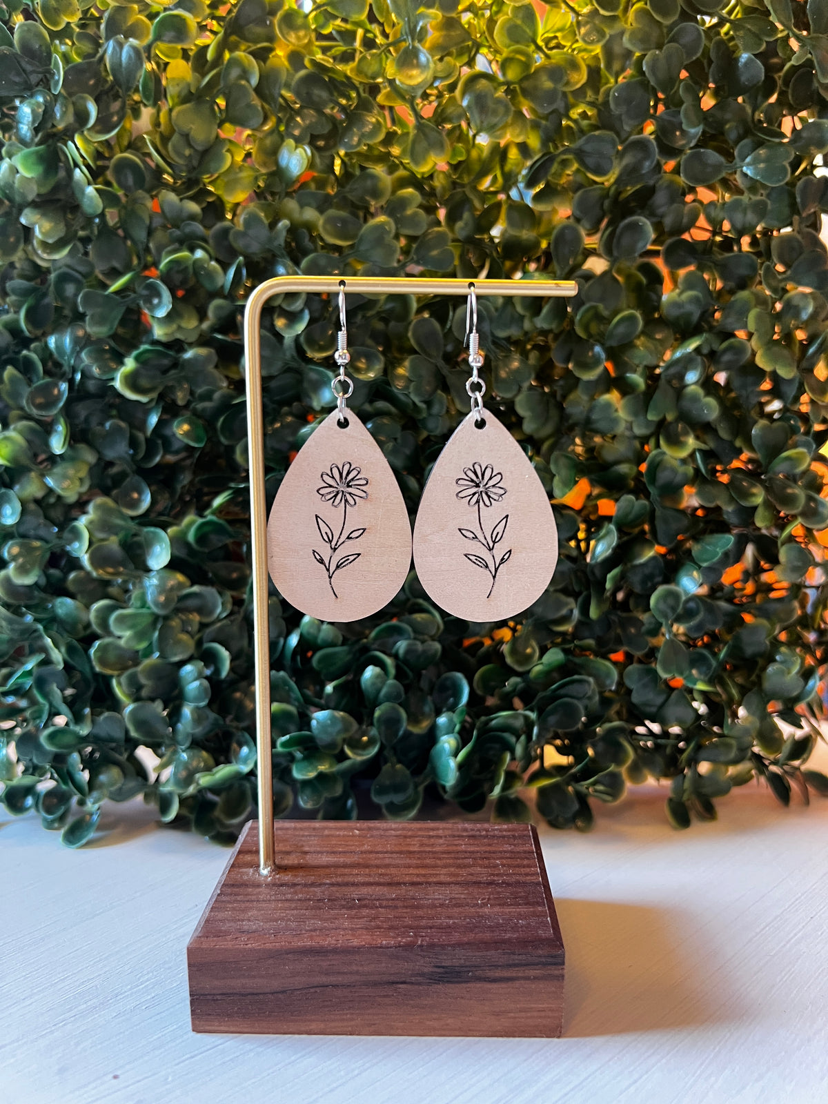 Engraved Daisy Wooden Teardrop Earrings