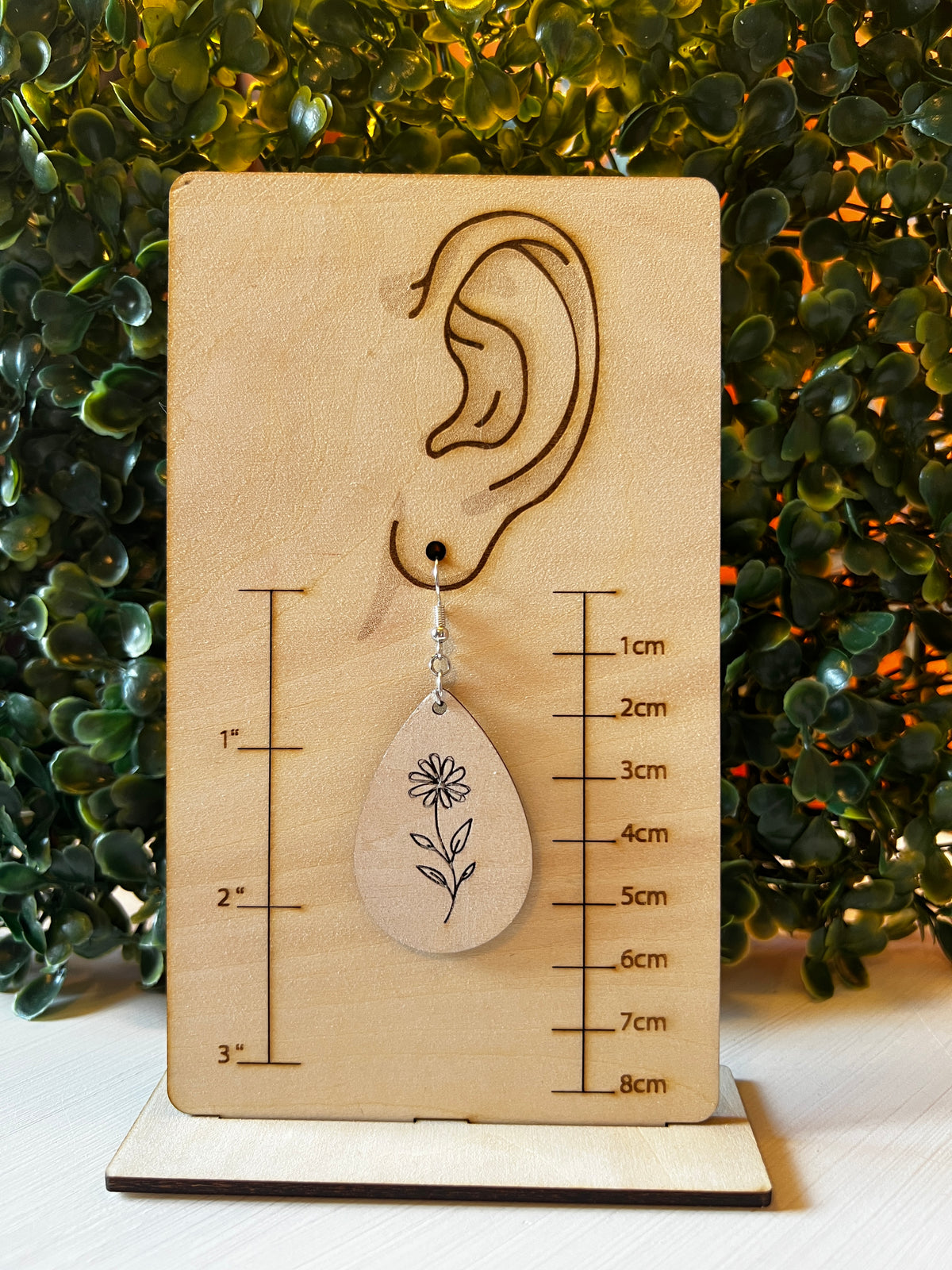 Engraved Daisy Wooden Teardrop Earrings