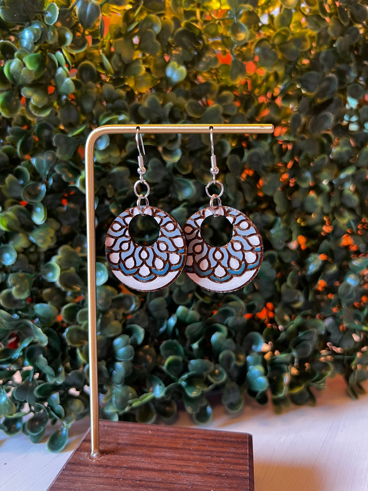 Engraved Floral Hoop Wooden Earrings